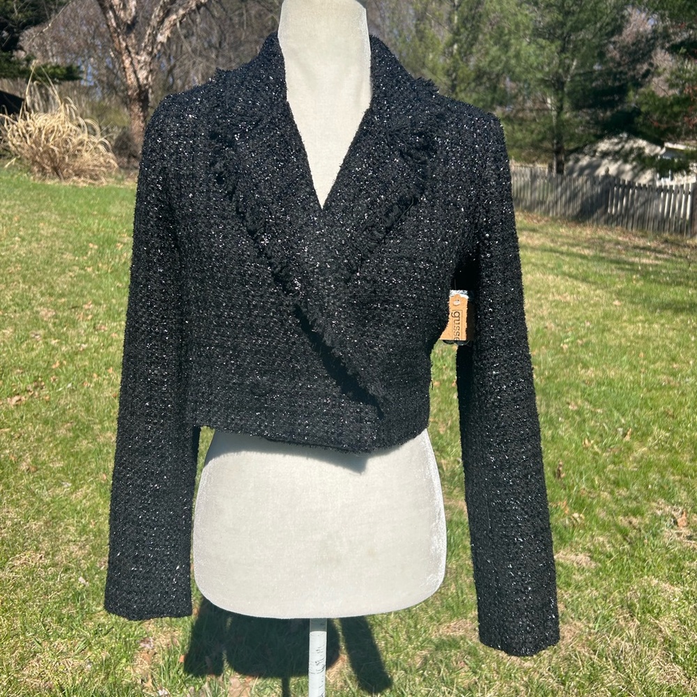 Do+Be Black Sparkle Shimmer Boucle Tweed Cropped Blazer Jacket Kawaii fringe S